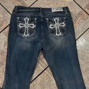 Grace in LA Dark Blue Boot Cut Jeans with Cross Detail